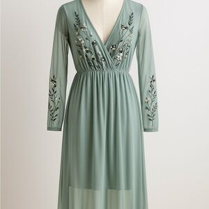 Xhilaration Embroidered Mesh Midi Dress – Smokey Blue-Sage, Size Medium